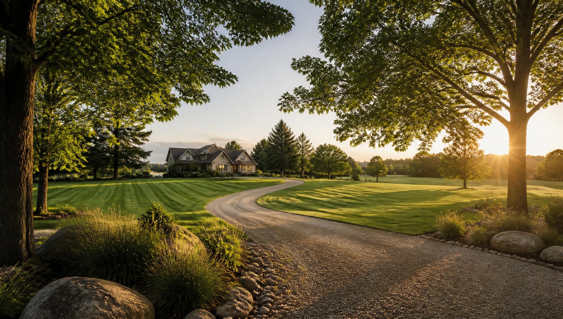 A beautifully maintained estate with mature trees, open lawn, and a winding driveway at golden hour