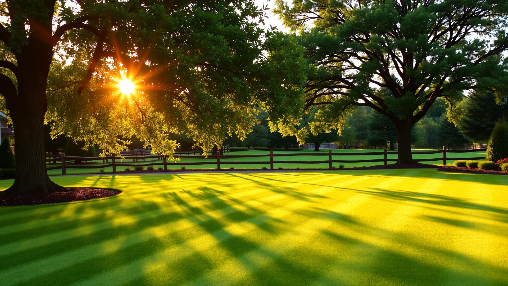 A beautifully maintained property at golden hour with mature trees and open green space