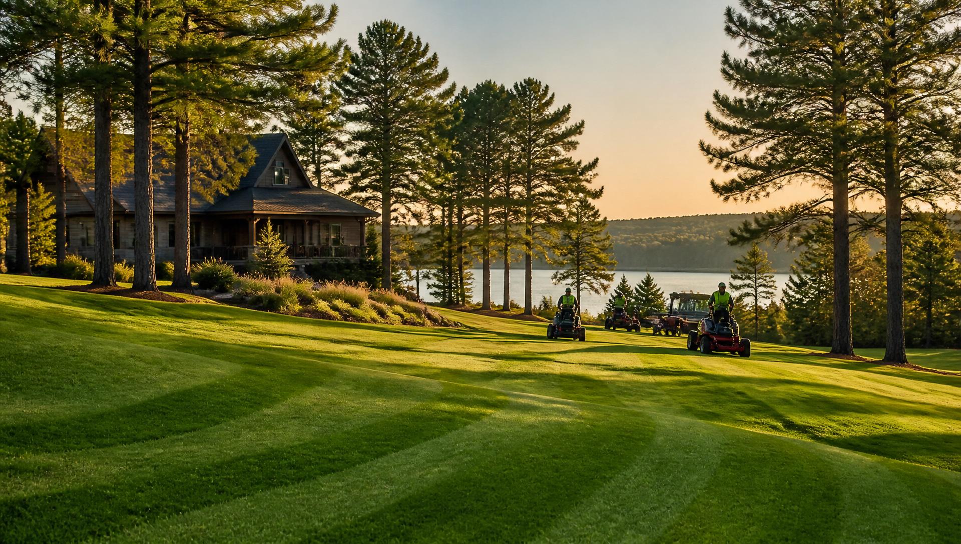 A beautifully maintained outdoor landscape with professional equipment in the distance